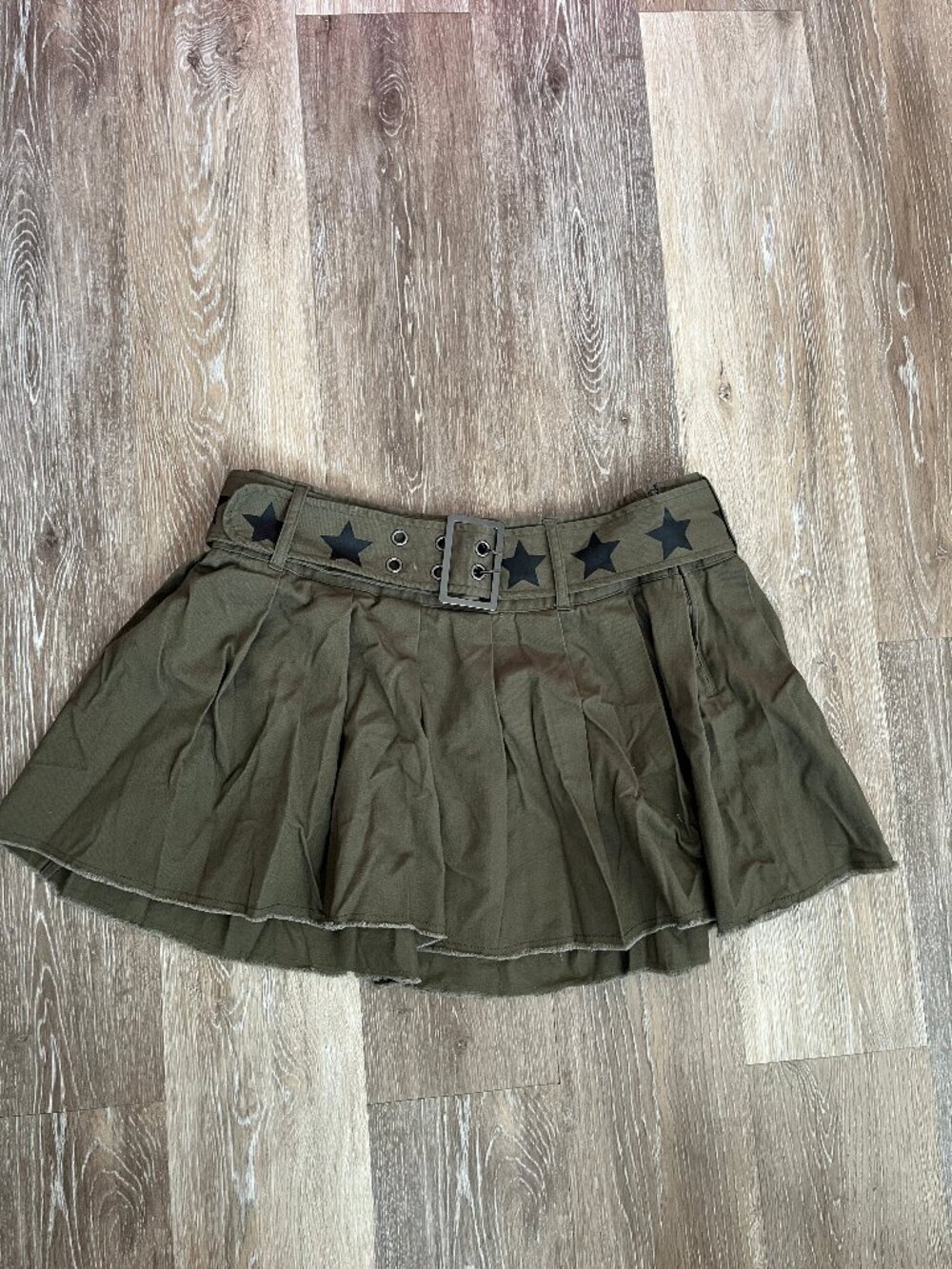 Y2K Punk Pleated Army Green Star Belted Mini Skirt 100% Cotton